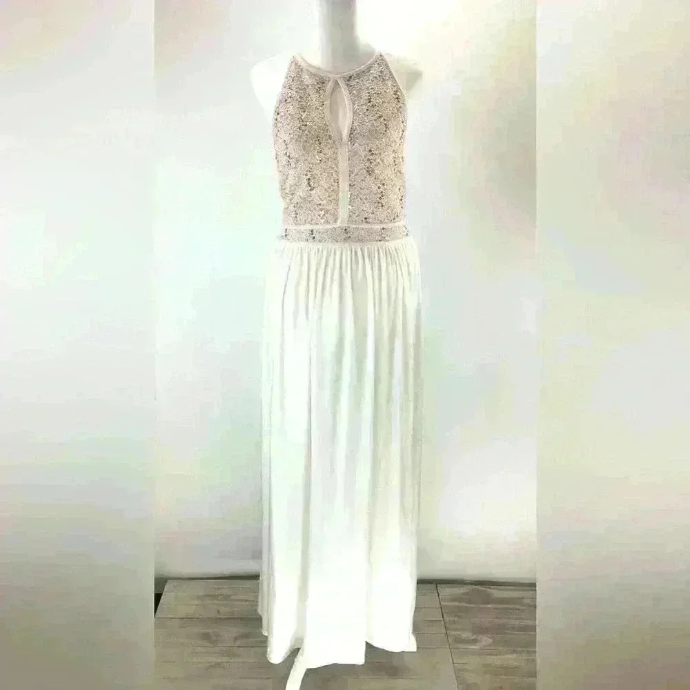 MORGAN & CO Women Wedding Dress Sleeveless Sparkle Sequin Off White D14
